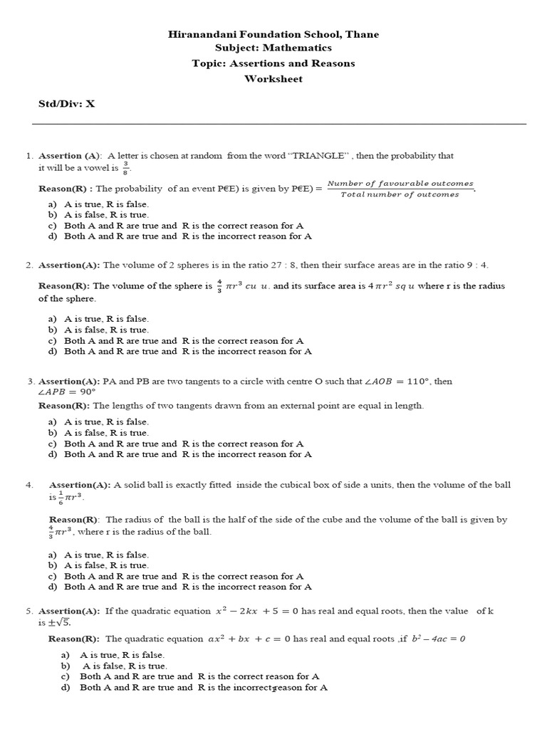Math Assertions and Reasons Worksheet | PDF | Sphere | Elementary ...