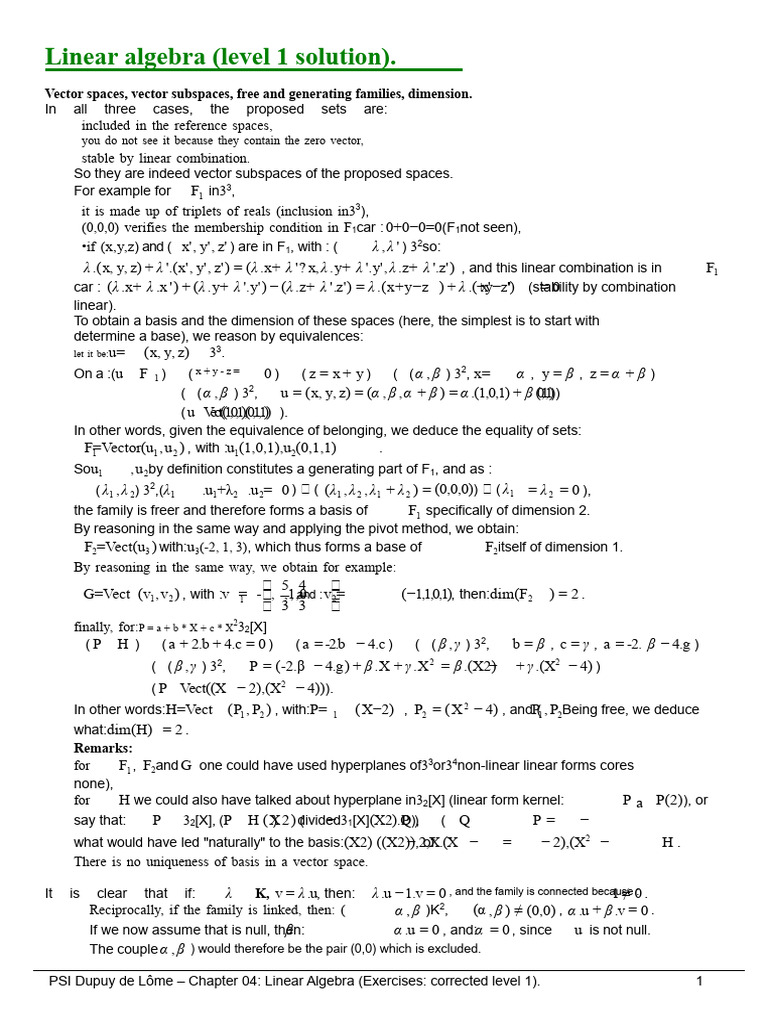 Linear Algebra Level 1 Solutions Guide | PDF | Vector Space | Basis ...