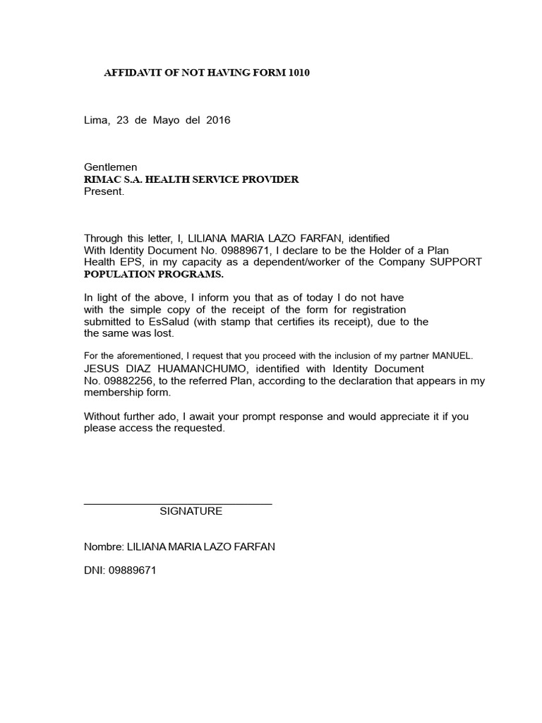 Affidavit for Health Plan Registration | PDF