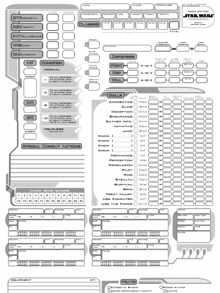 Star Wars Custom Droid Character Sheet