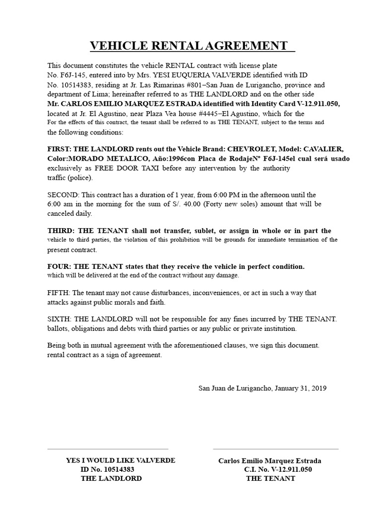 Vehicle Rental Agreement | PDF