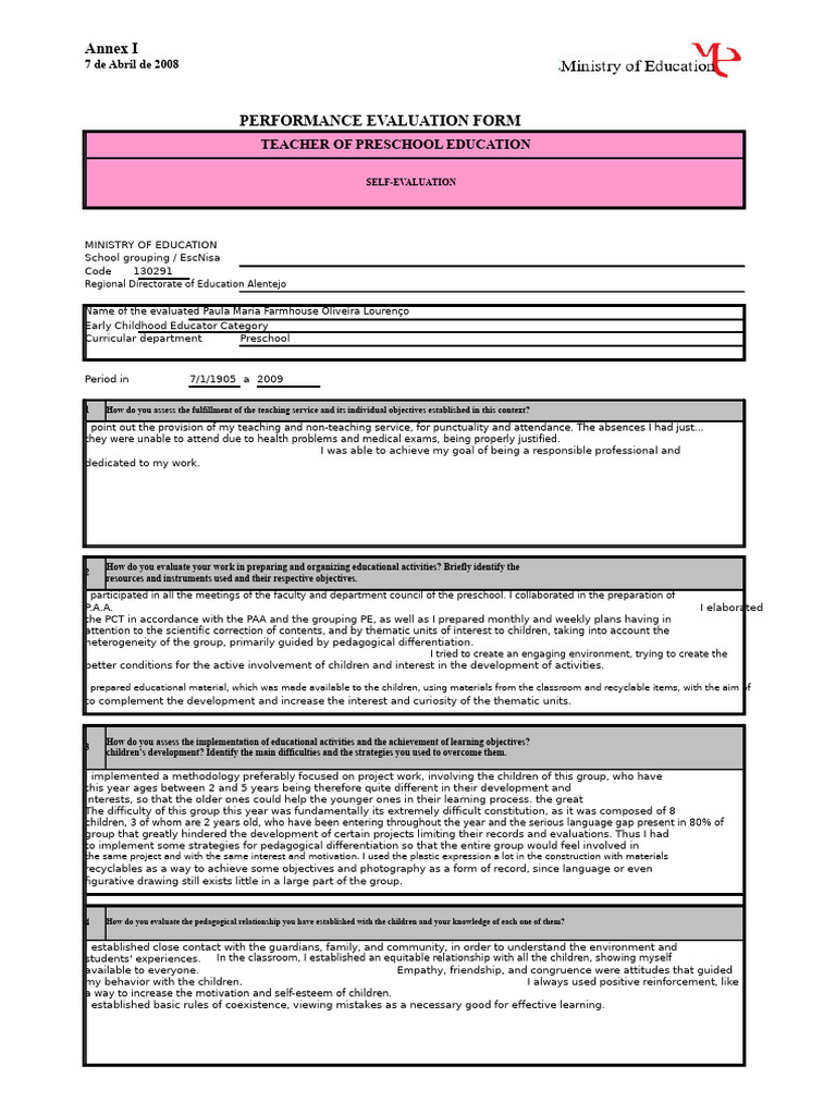 Annex I - Preschool Teacher - Completed and Filled Self-Assessment ...