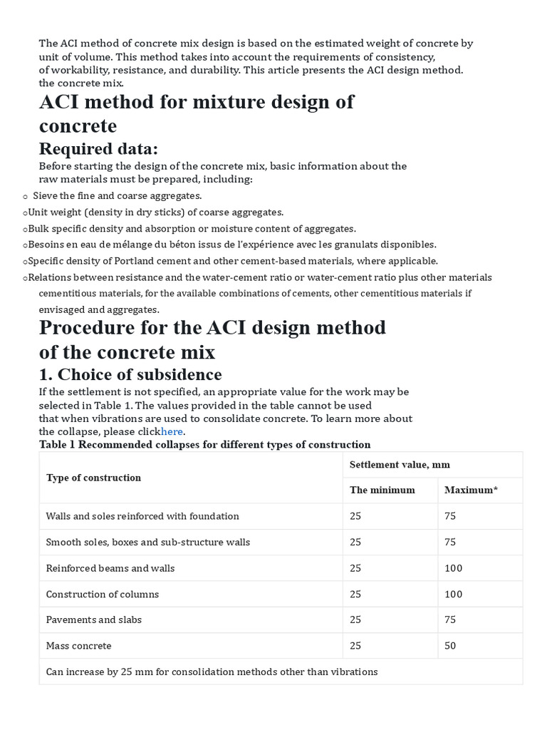 ACI Concrete Mix Design Method Guide | PDF | Concrete | Cement
