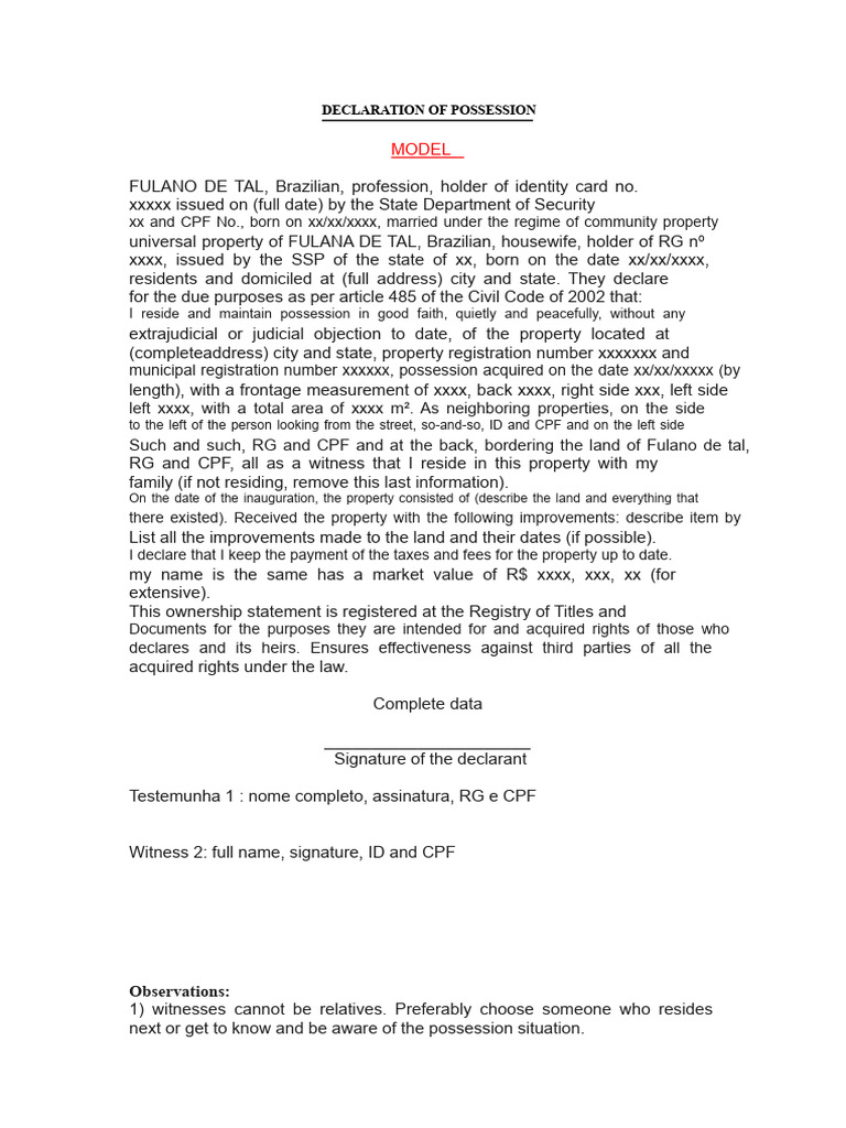 Declaration of Property Possession Template | PDF | Justice | Crime ...