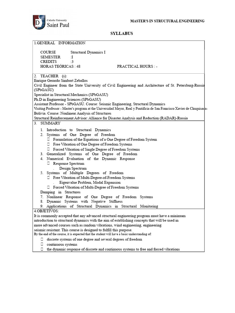 Master's in Structural Dynamics Syllabus | PDF | Mechanics | Applied ...
