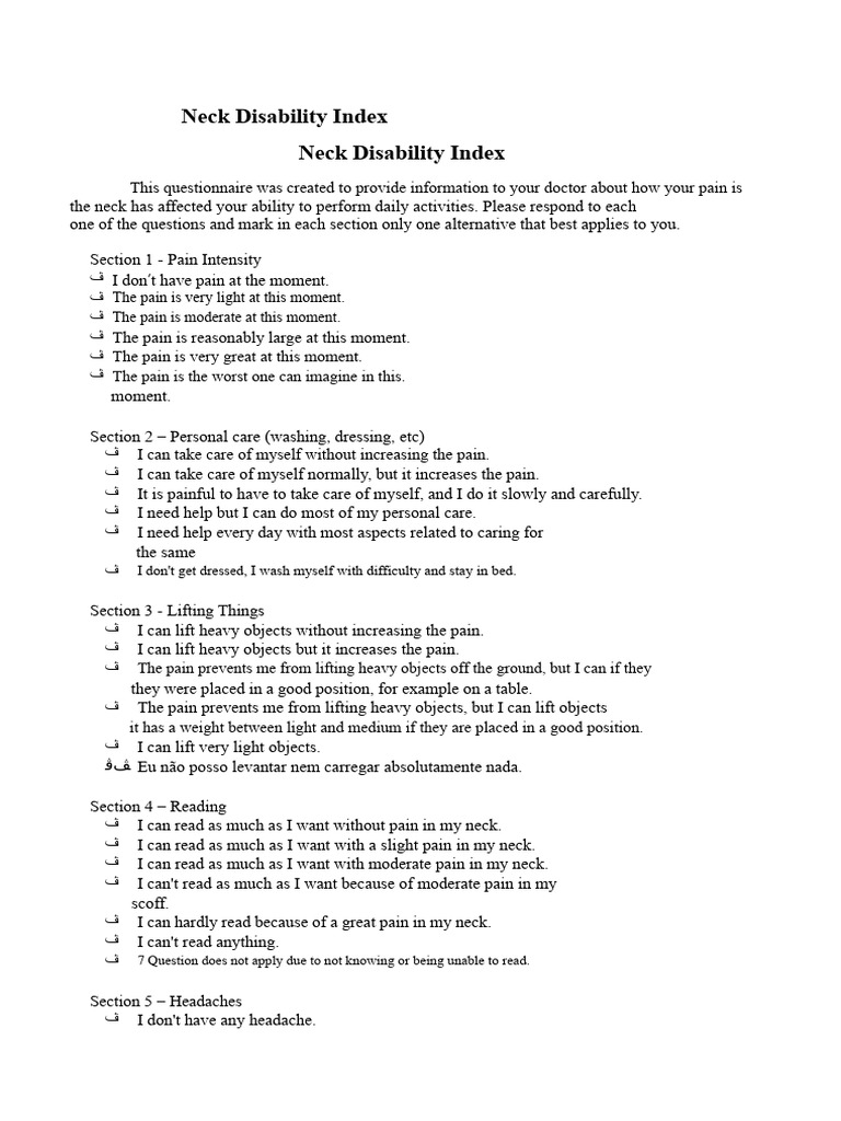 Neck Disability Index Questionnaire | PDF | Pain | Questionnaire