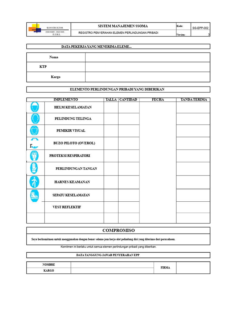 Registro Penyerahan EPP untuk Pekerja | PDF