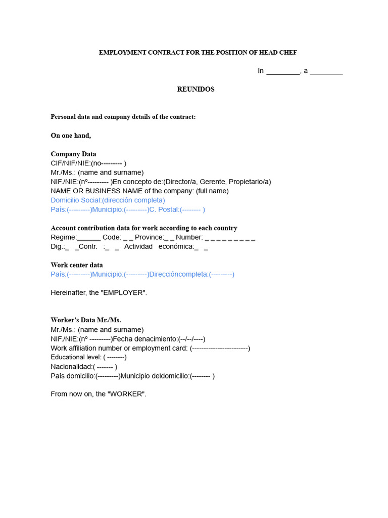 Head Chef Employment Contract Template | PDF | Employment | Salary