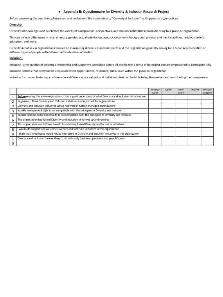 Diversity & Inclusion Questionnaire Template | PDF | Diversity ...