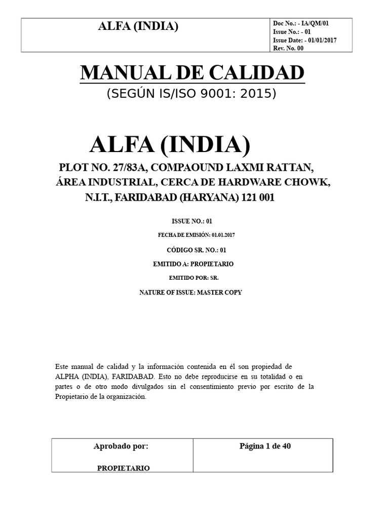Manual de Calidad 9001 2015 | PDF | Sistema de manejo de calidad ...