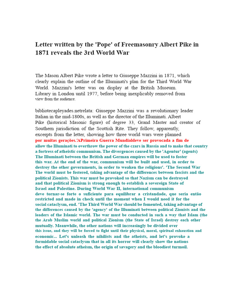 Letter Written by Albert Pike | PDF | Freemasonry | Illuminati