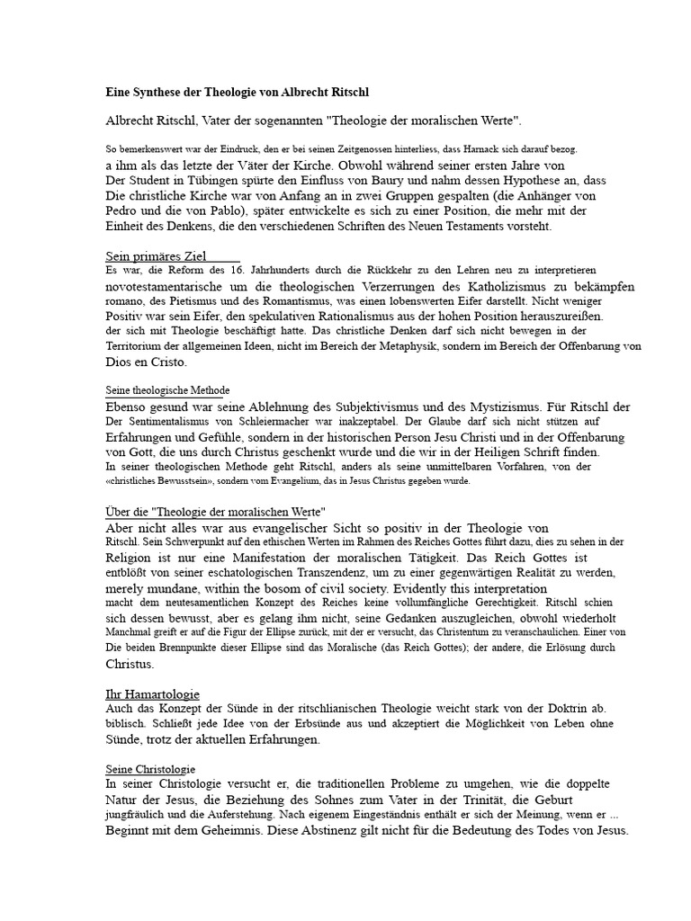 Eine Synthese Der Theologie Von Albert Ritschl | PDF