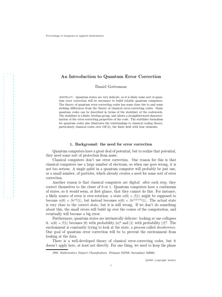 Introduction to Quantum Error Correction | PDF | Mathematical Physics ...