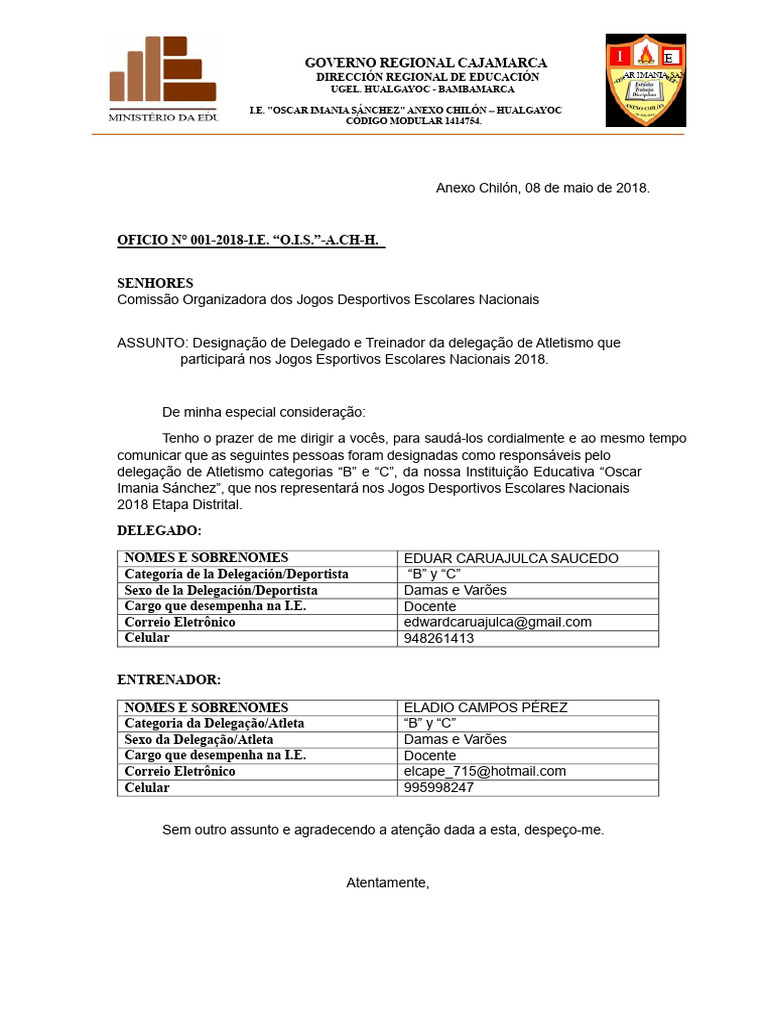 Ofício de Designação de Treinador e Delegado | PDF