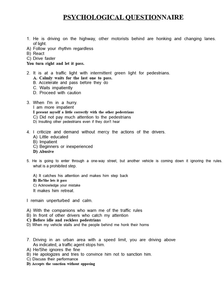 Psychological Questionnaire | PDF | Traffic | Road Traffic Safety