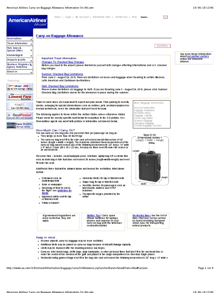 American Airlines CarryOn Baggage Allowance Information on