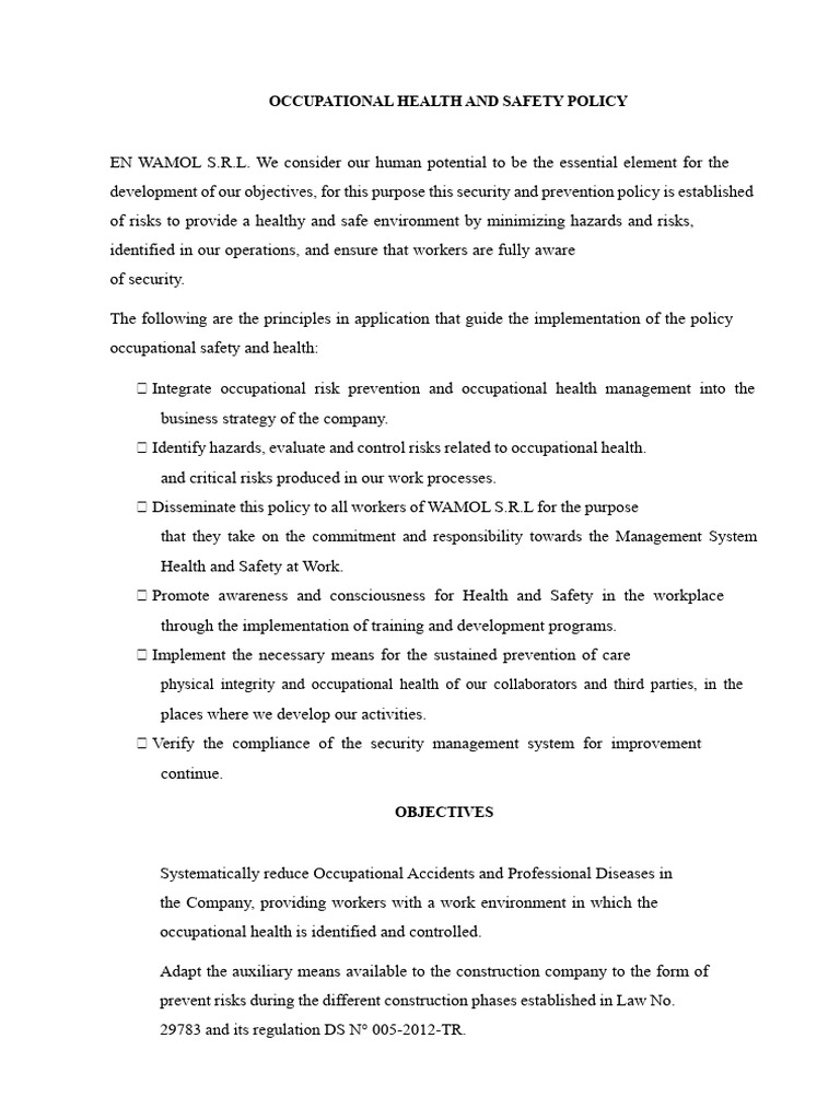 A) Occupational Health and Safety Policy | PDF
