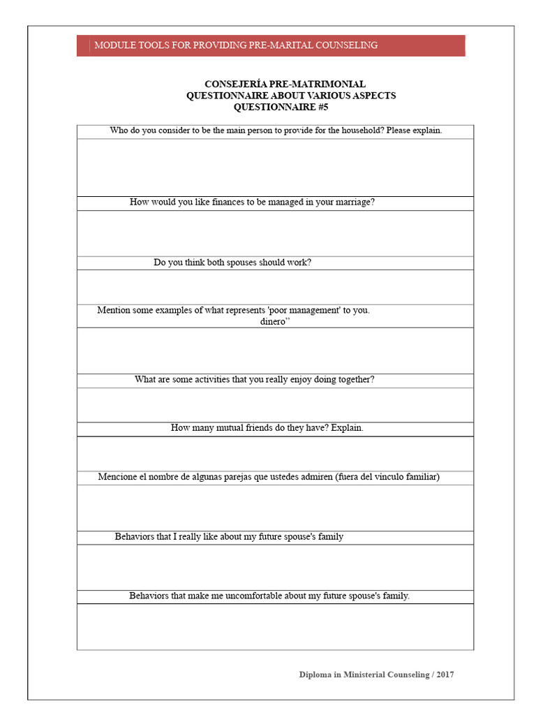 Pre-Marital Counseling Questionnaire Guide | PDF