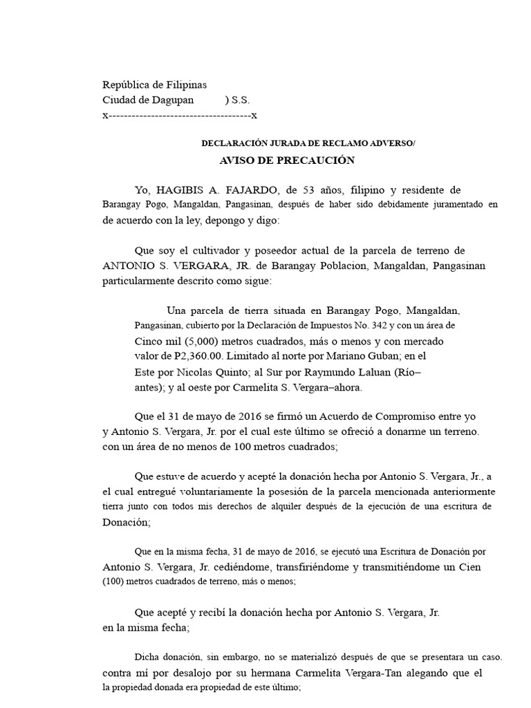 Declaración Jurada de Reclamo en Filipinas | PDF