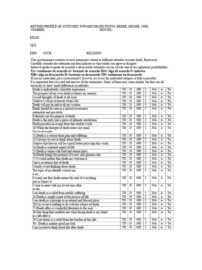 Attitudes Toward Death Questionnaire | PDF | Death | Afterlife