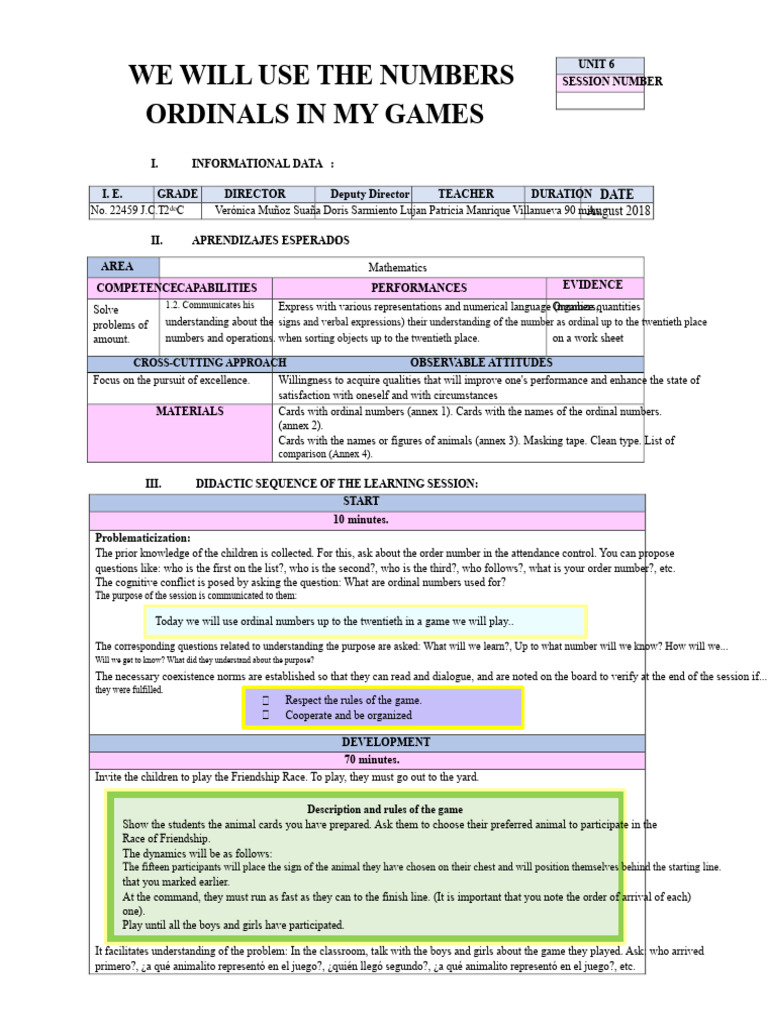 Teaching Ordinal Numbers Through Games | PDF | Cognitive Psychology ...