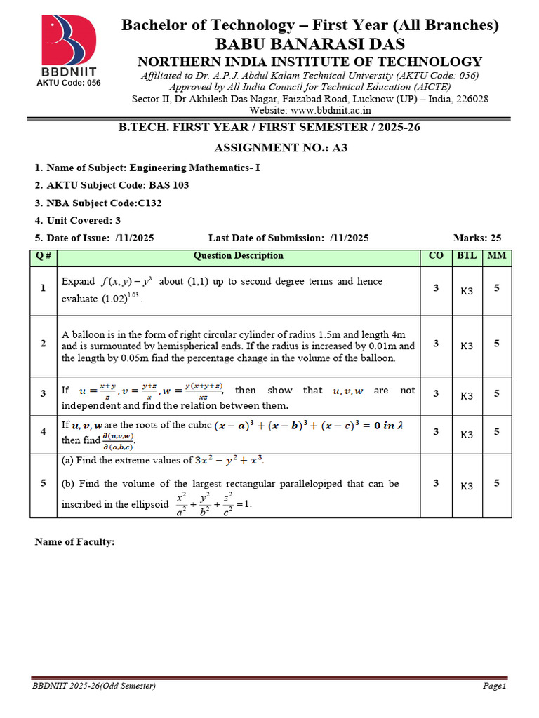 B.Tech Engineering Mathematics I Assignment | PDF