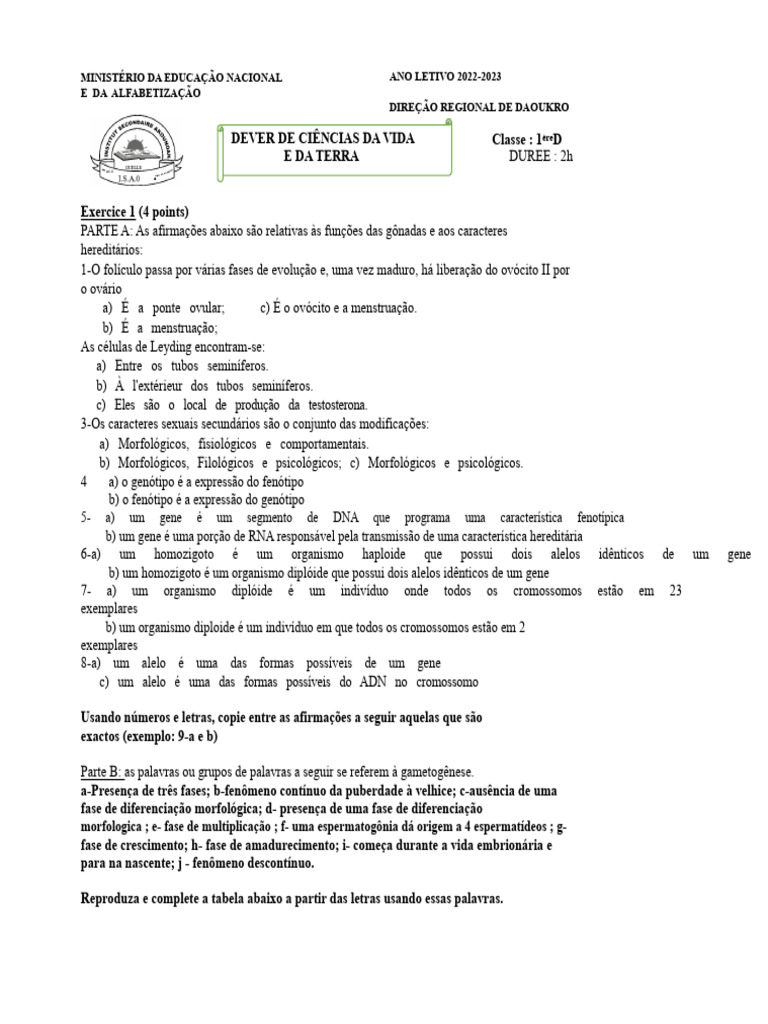 Dever de Ciências: Gametogênese e Hereditariedade | PDF | Alelo | Gene
