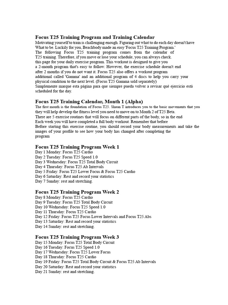 Focus T25 Training Program Calendar | PDF | Physical Exercise ...