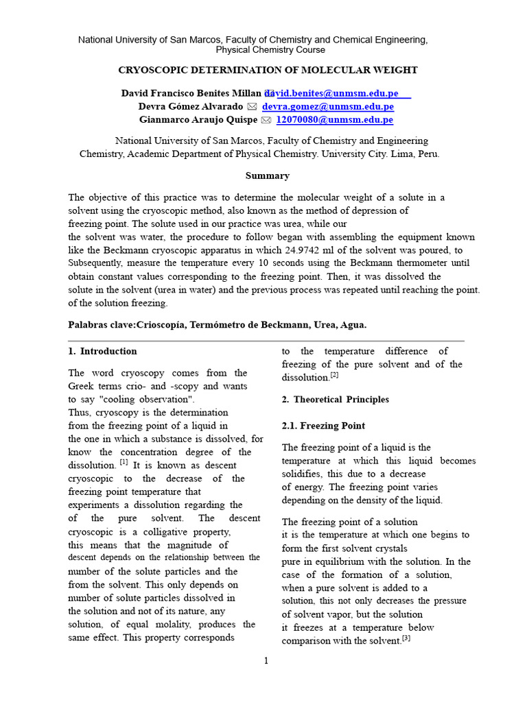 REPORT No. 6 - CRYOSCOPY | PDF | Melting Point | Physical Chemistry
