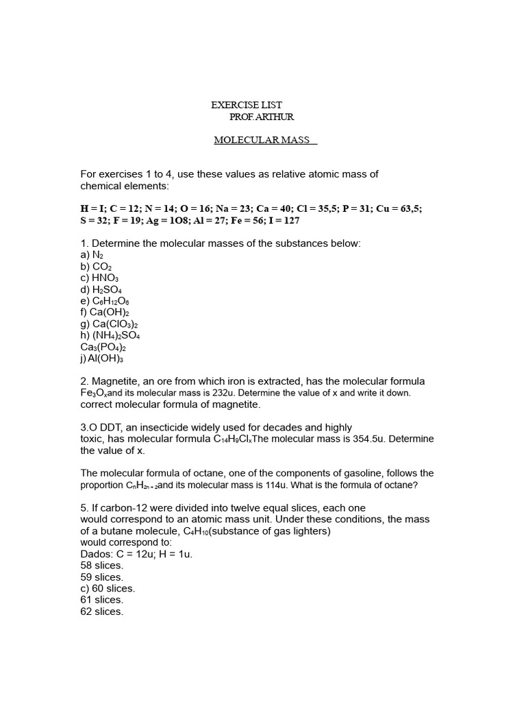 Exercise List - Molecular Mass | PDF | Molecules | Chemical Compounds