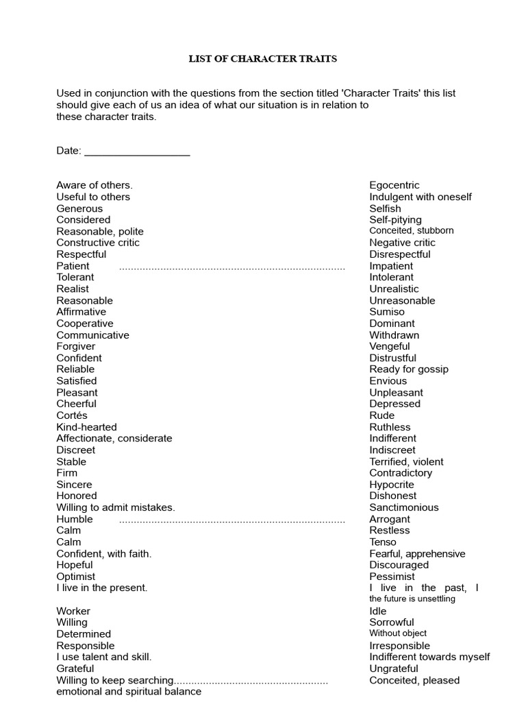 Character Traits Assessment List | PDF | Psychology | Psychological ...