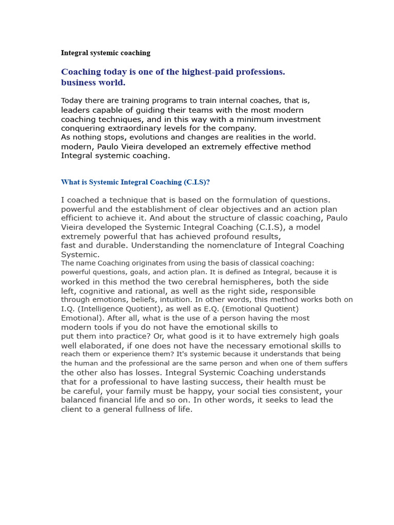 Integral Systemic Coaching Explained | PDF | Intelligence | Emotional ...