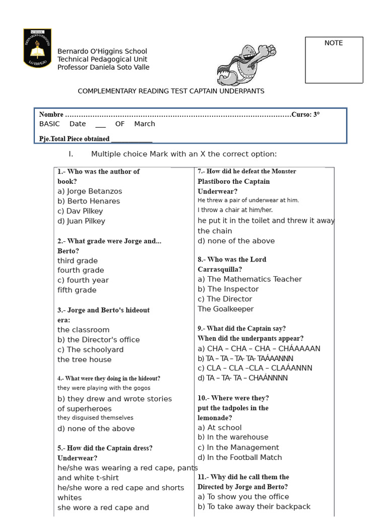 Captain Underpants Reading Test | PDF