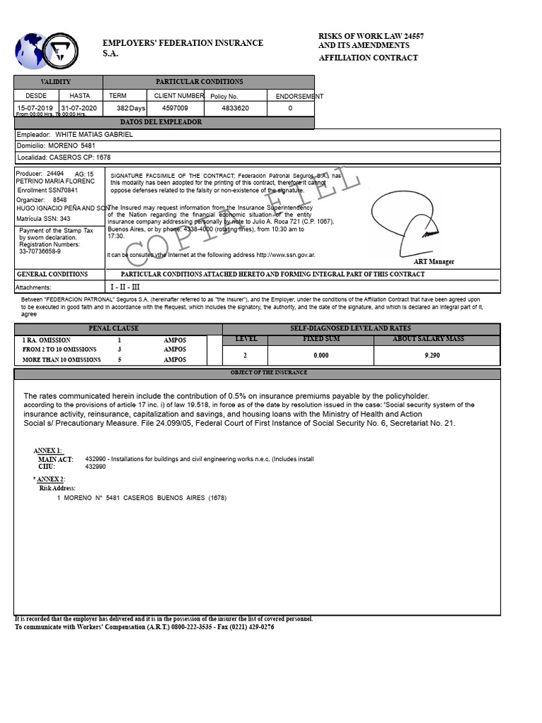 Work Law 24557 Risks & Insurance Contract | PDF | Employment | Insurance