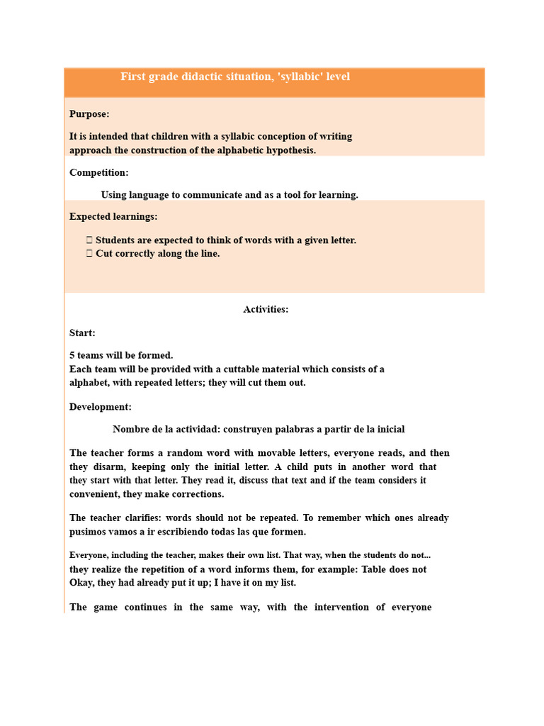 Didactic Sequence First Gador Syllabic Level | PDF