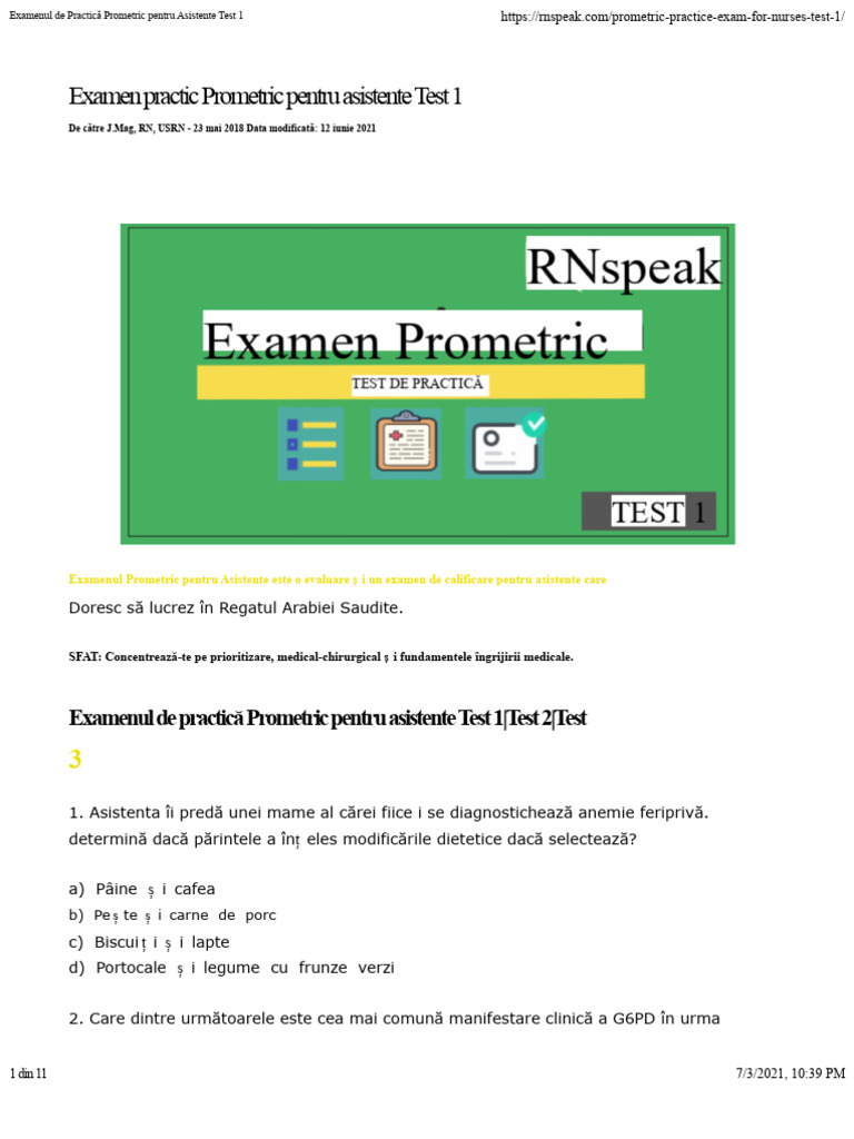 Examen Practic Prometric Pentru Asistente Test 1 | PDF