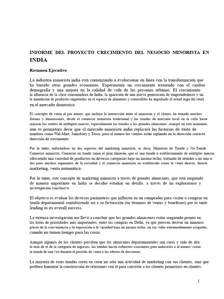 Informe Del Proyecto Sobre El Marketing Minorista en India | PDF | Al ...