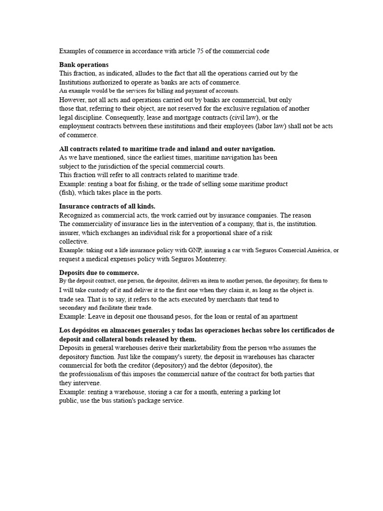 Commerce Examples Under Article 75 | PDF | Banks | Insurance