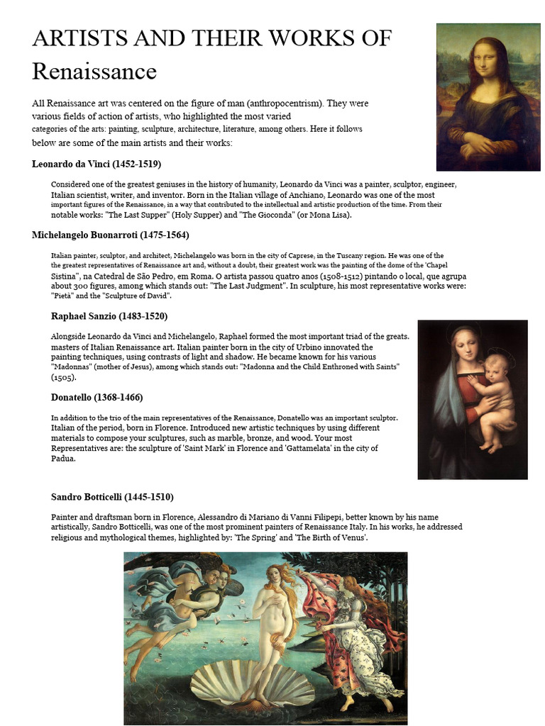 Artists and Their Works of the Renaissance | PDF | Michelangelo ...