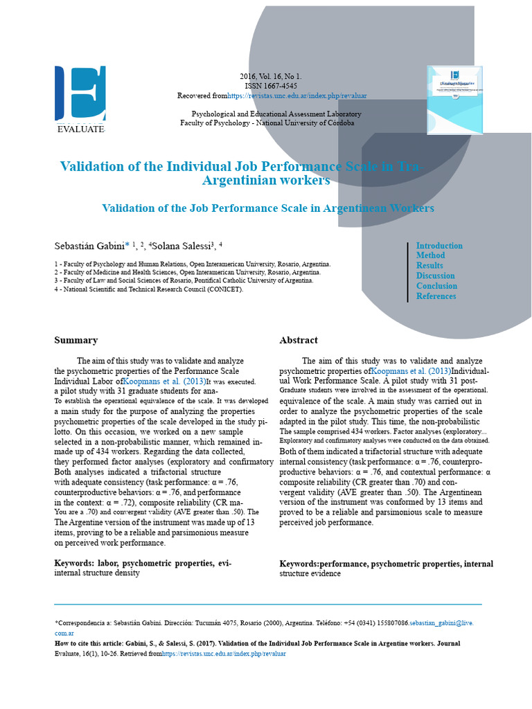 Validation of Job Performance Scale in Argentina | PDF | Statistical ...