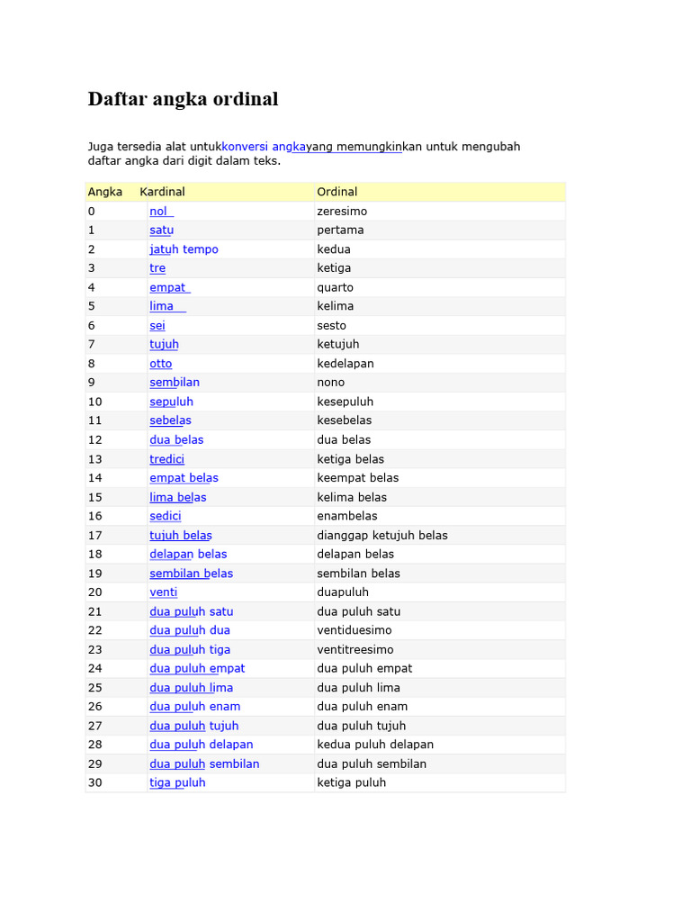 Daftar Angka Ordinal dan Kardinal | PDF
