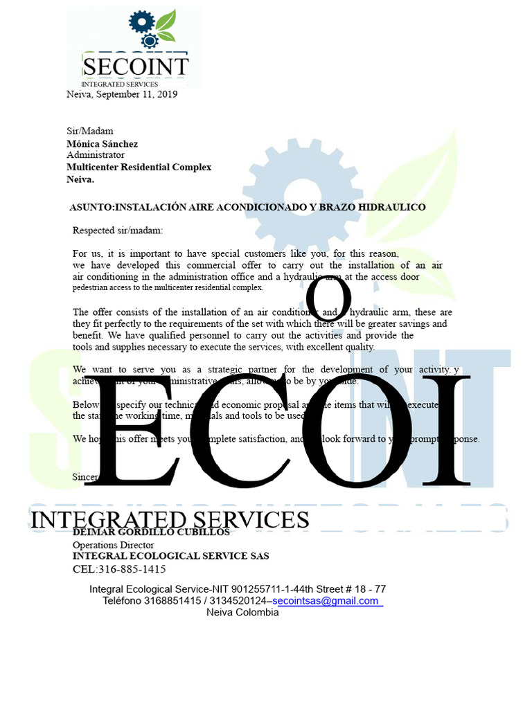 Proposal For Air Conditioning Installation and Hydraulic Arm | PDF ...