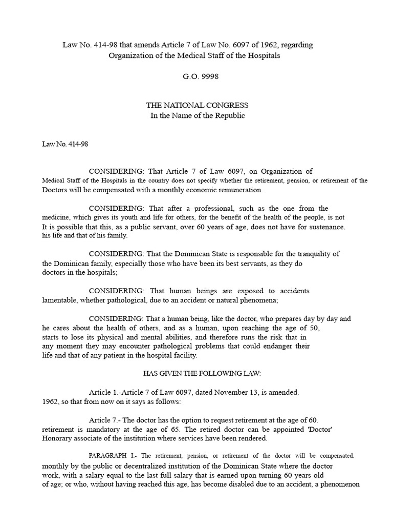 Law No. 414-98 That Modifies Article 7 of Law No. 6097 of 1962, On The ...