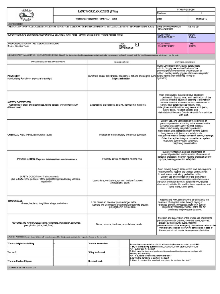 Safe Work Analysis for Wastewater Tasks | PDF | Personal Protective ...