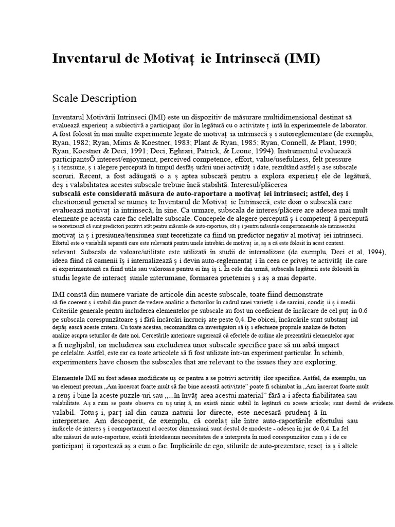 Inventarul Motivației Intrinsece (Intrinsic Motivation Inventory) | PDF