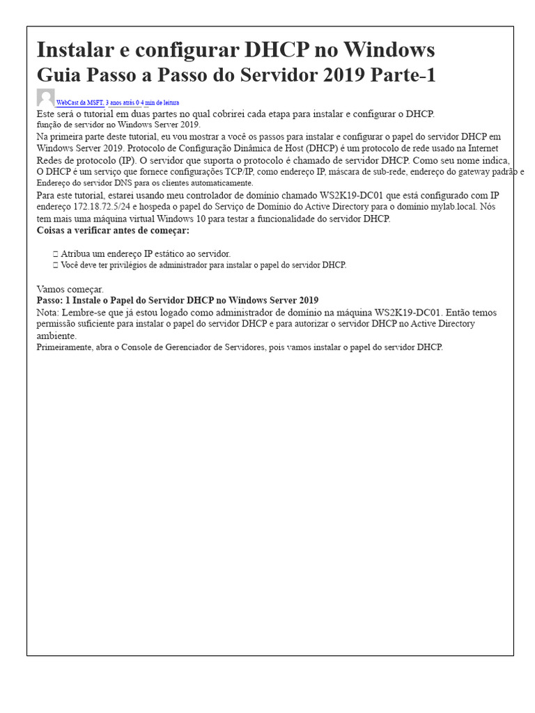 Instalação do DHCP no Windows Server 2019 | PDF | Endereço de IP ...