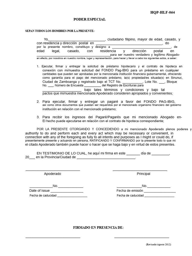 HDMF (Fondo Pag-Ibig) - Poder Especial de Abogado | PDF | Ley común