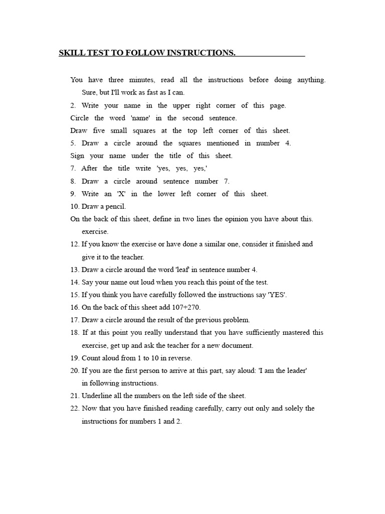 Skill Test: Follow Instructions Exercise | PDF