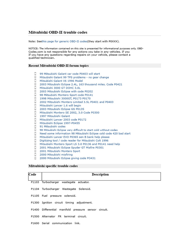Mitsubishi OBD-II Trouble Codes Guide | PDF | Vehicles | Automotive ...