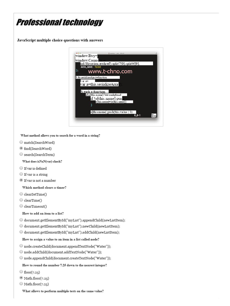 JavaScript Quiz: Multiple Choice Questions | PDF | Multiple Choice ...